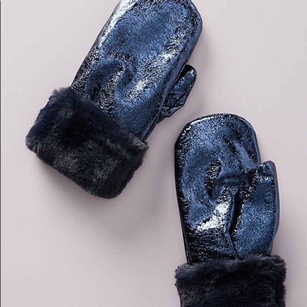 Anthropologie Blue Metallic Sherpa Mittens NWT